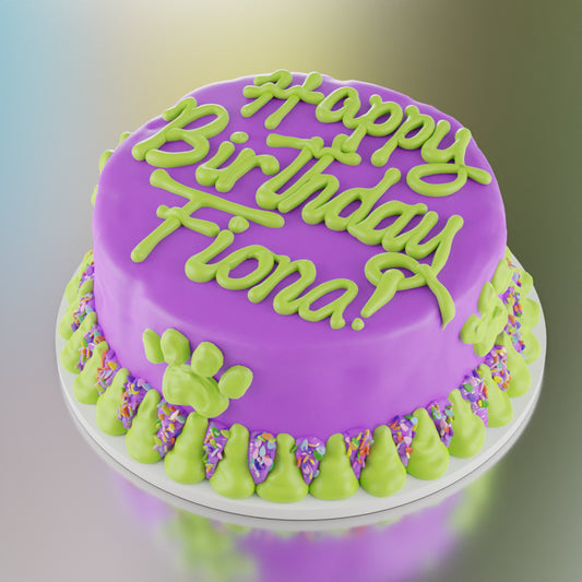 Purple and green personalized dog birthday cake with Happy Birthday Fiona written on top