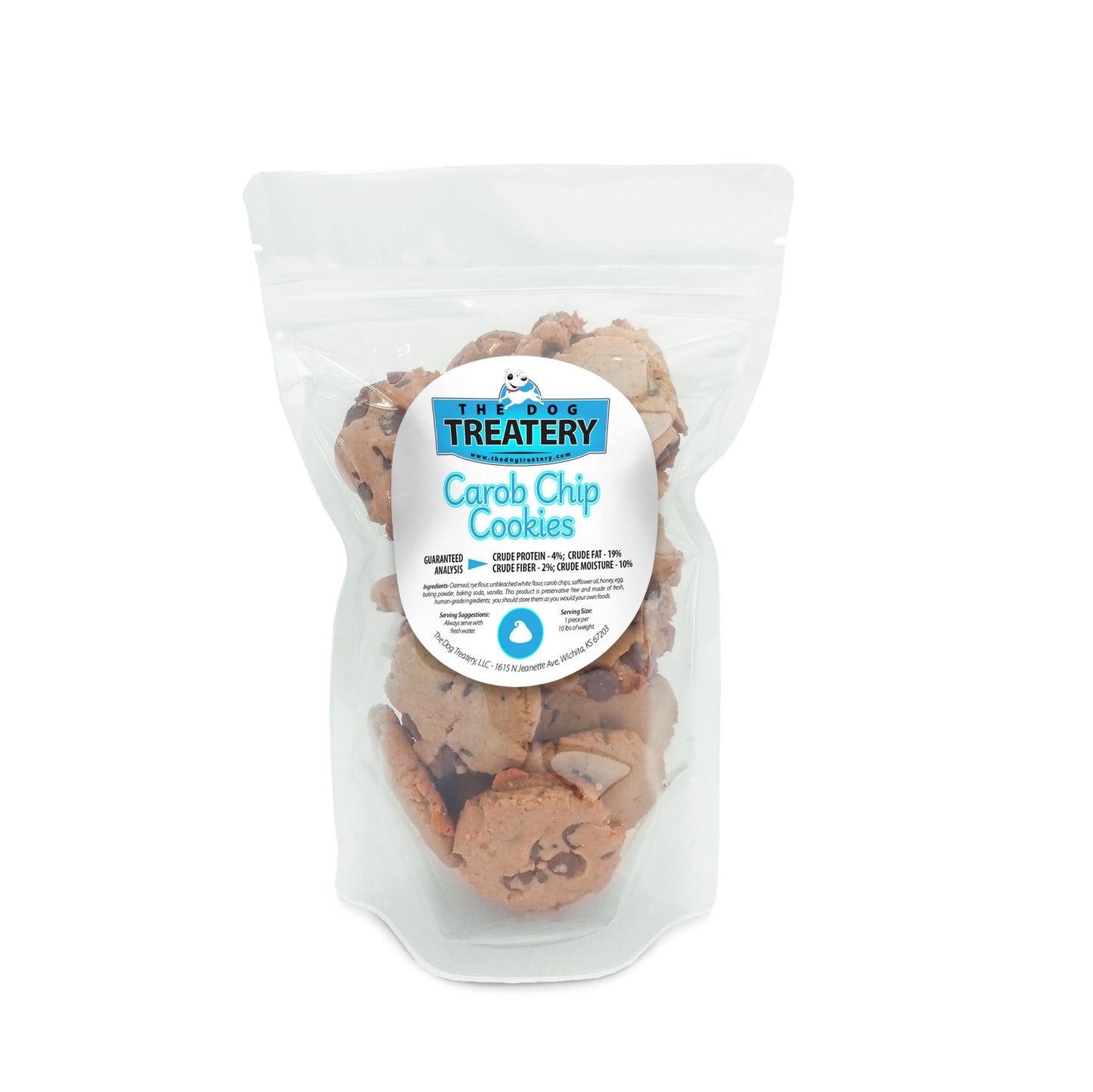 Resealable pouch of The Dog Treatery Carob Chip Cookies with round carob chip dog cookies visible inside