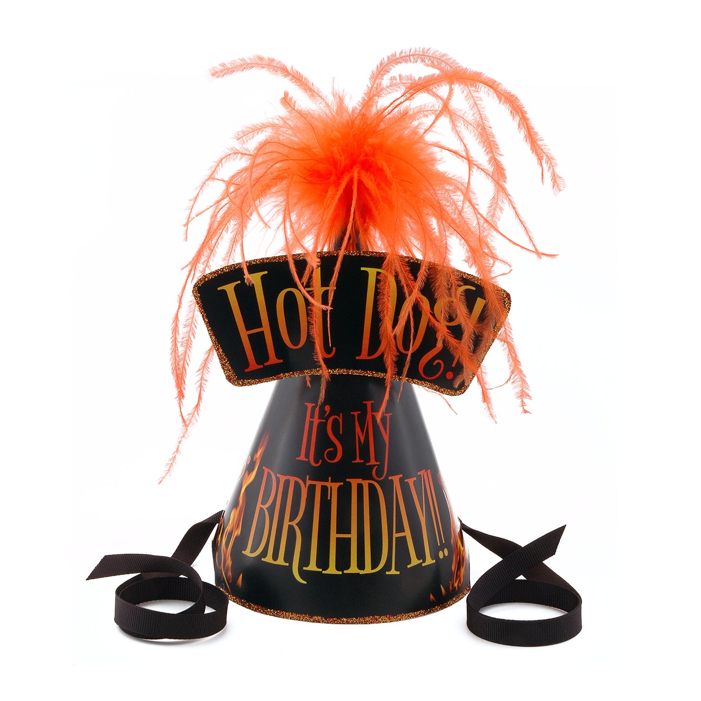 Black and orange Hot Dog It’s My Birthday dog hat with ribbon ties, glitter and orange feather trim