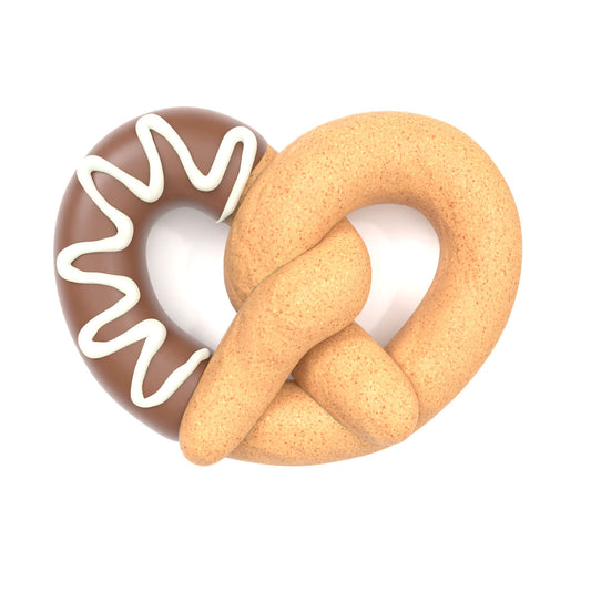 Deluxe pretzel dog cookie dipped in carob with white yogurt drizzle