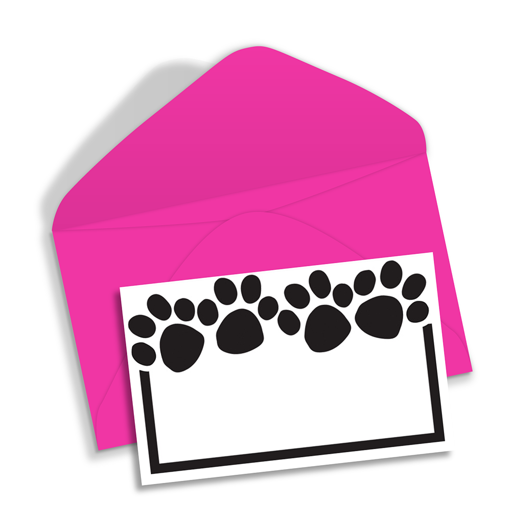 White paw-print note card displayed with a bright hot pink envelope