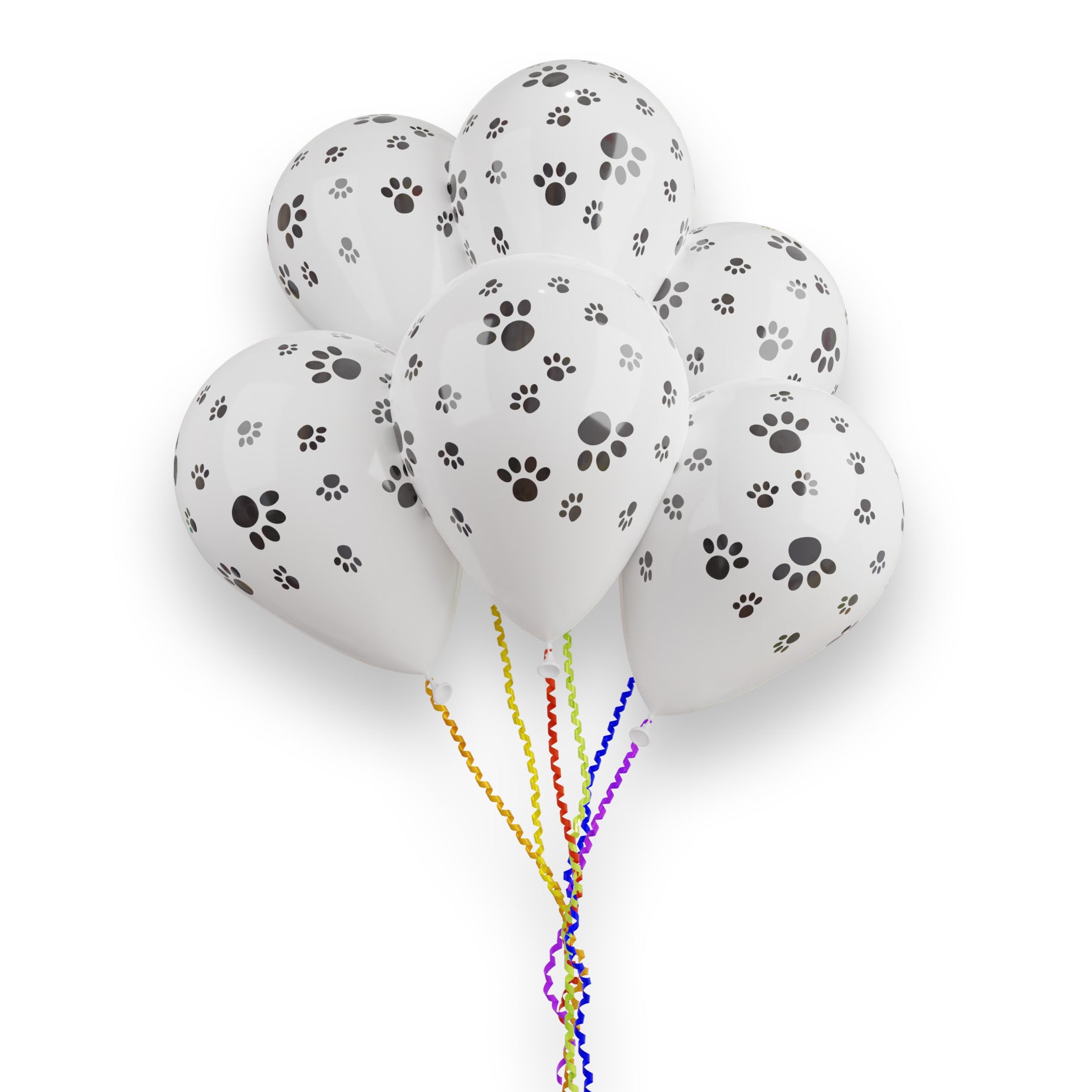 White latex party balloons printed with black paw prints