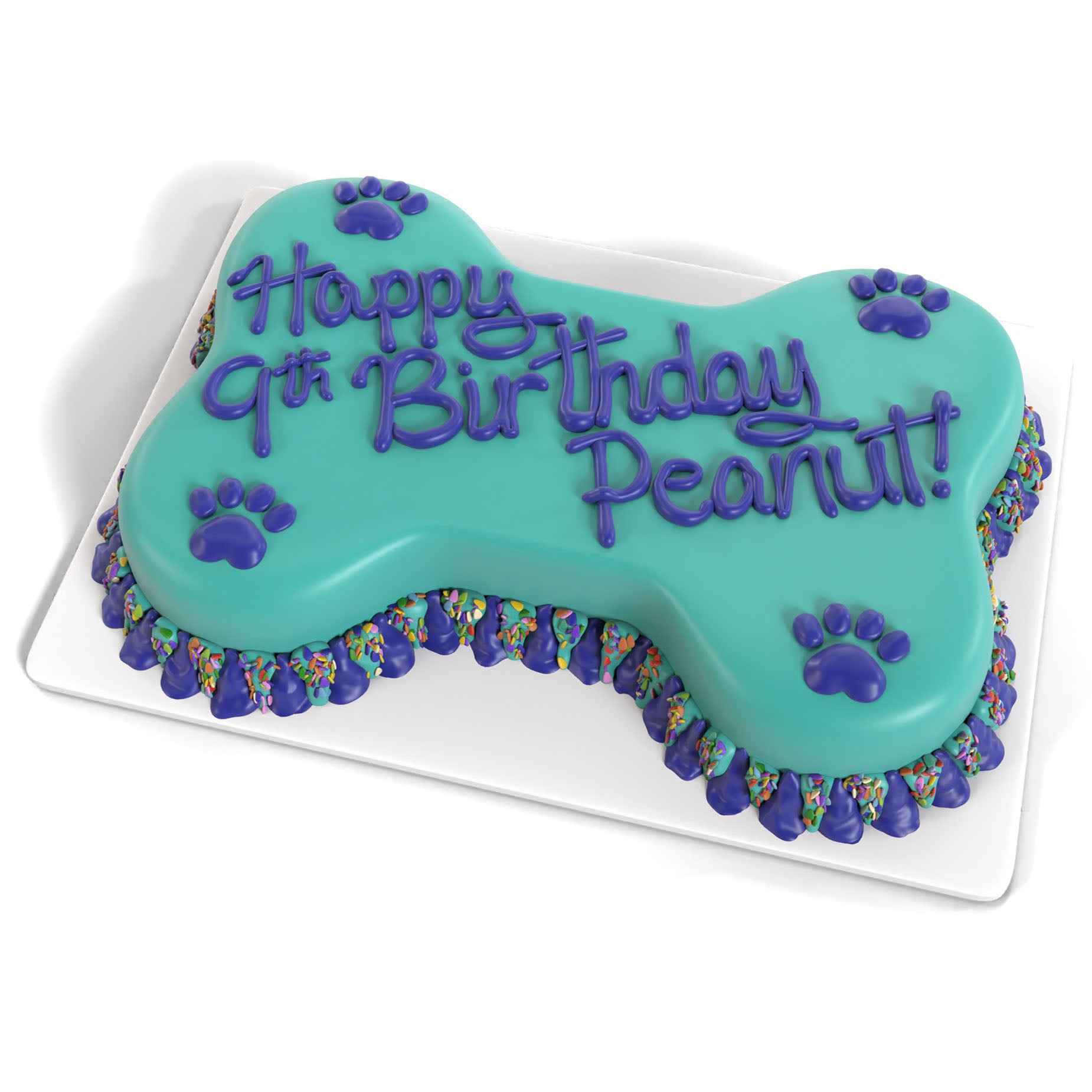 Aqua bone-shaped birthday cake for dogs with purple icing, paw prints, and Happy 9th Birthday Peanut