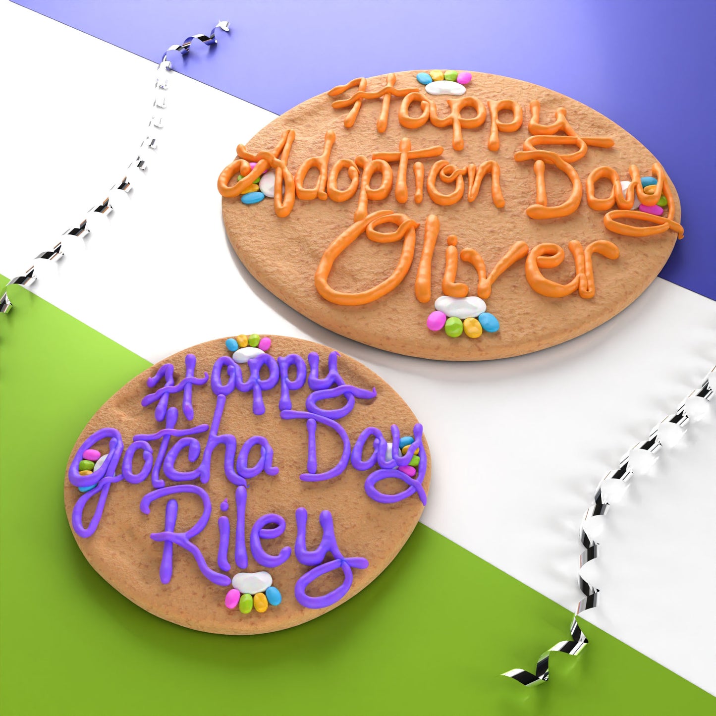 Two round personalized ginger cookies for dogs decorated for an adoption day and gotcha day