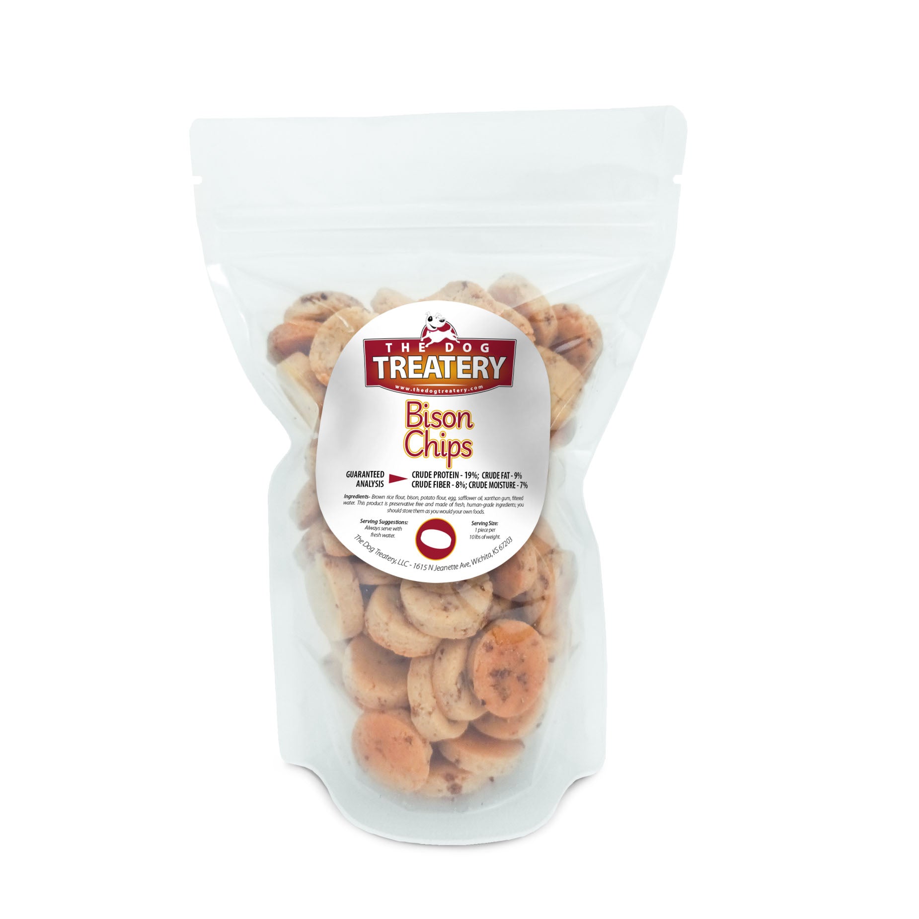 Clear pouch of handmade crunchy bison dog treats from The Dog Treatery