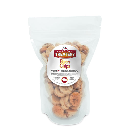 Clear pouch of handmade crunchy bison dog treats from The Dog Treatery