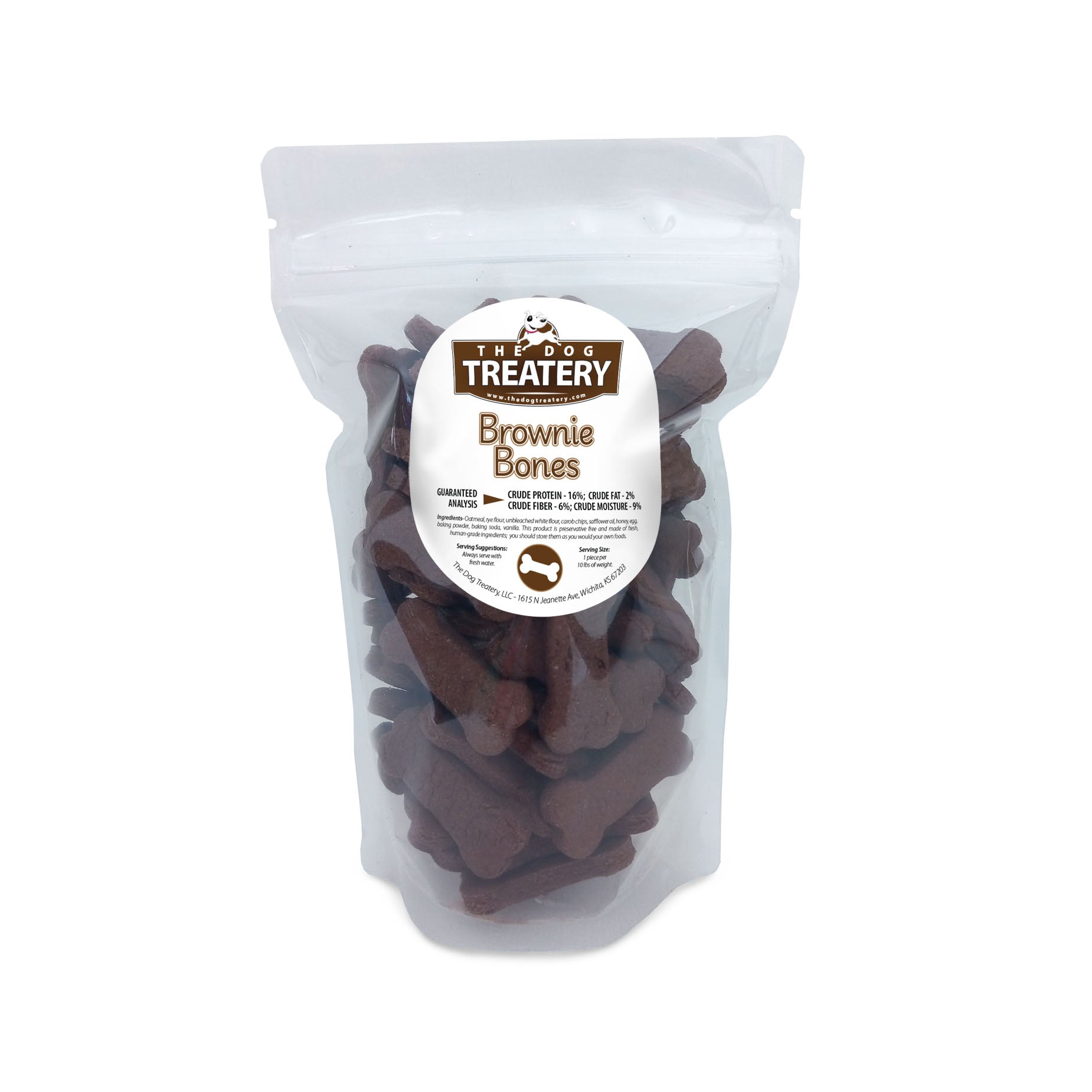 Resealable pouch of The Dog Treatery Ginger Cookies for dogs with small rectangular cookies visible inside