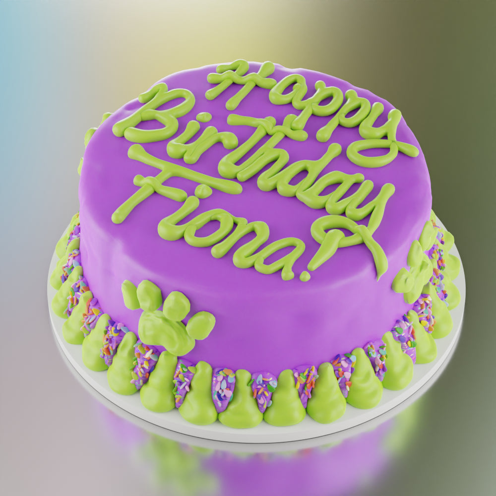 Purple and green personalized dog birthday cake with Happy Birthday Fiona written on top