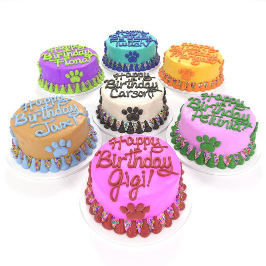 Seven colorful personalized birthday cakes for dogs with assorted icing colors and handwritten names