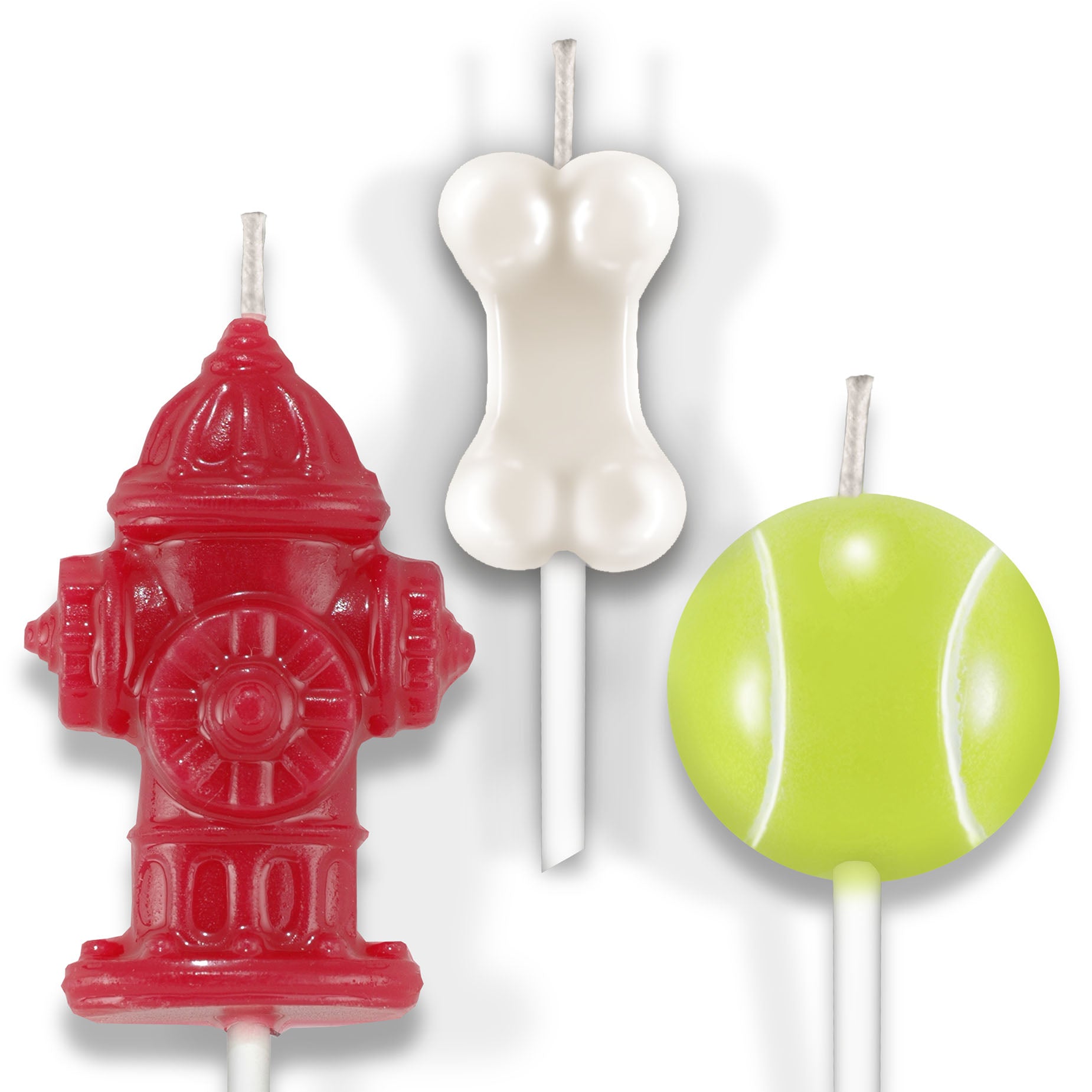 Red fire hydrant, white bone and fluorescent green tennis ball birthday candles for dog cakes