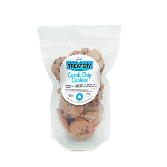 Resealable pouch of The Dog Treatery Carob Chip Cookies with round carob chip dog cookies visible inside