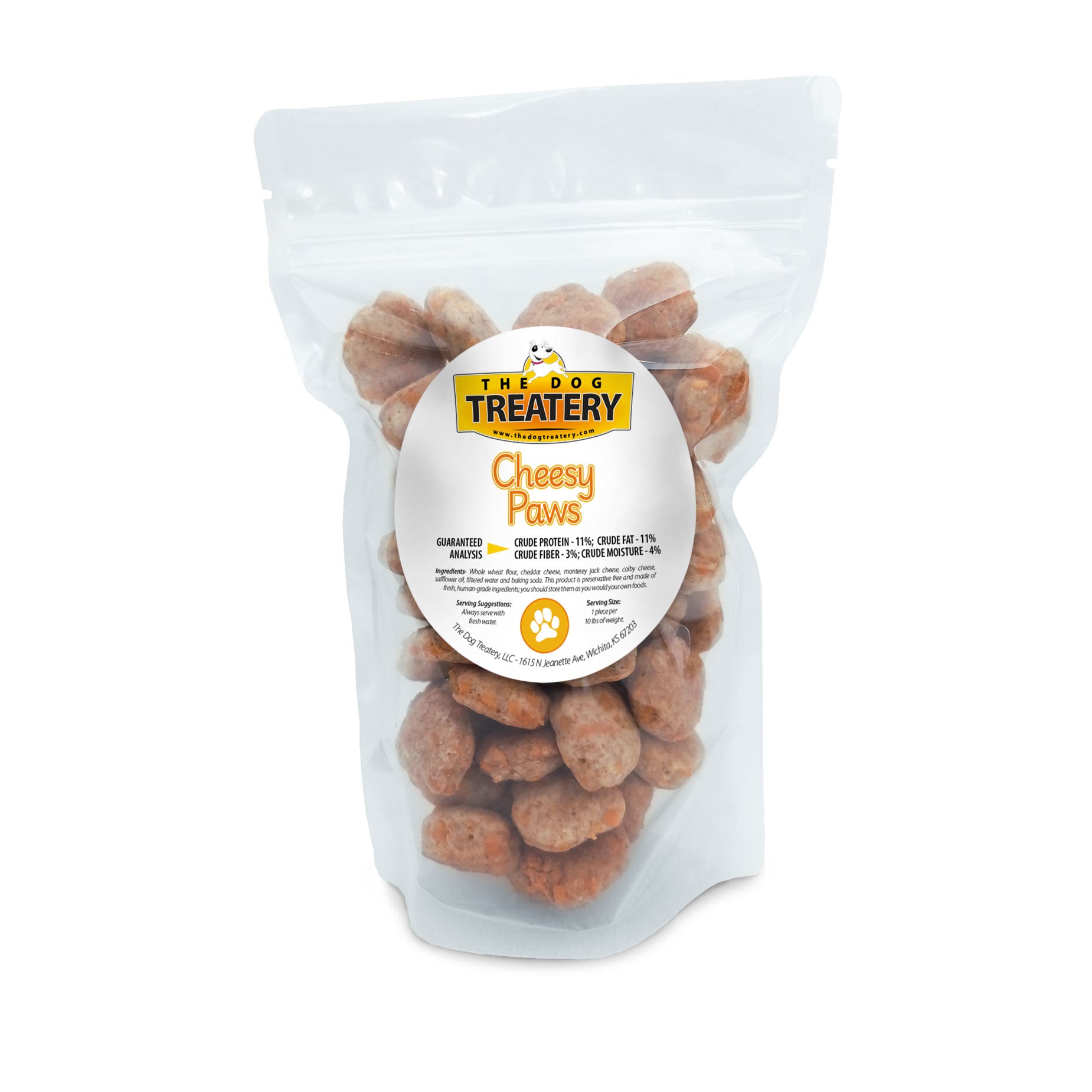 Resealable pouch of The Dog Treatery Cheesy Paws with small paw-shaped cheese dog crackers visible inside