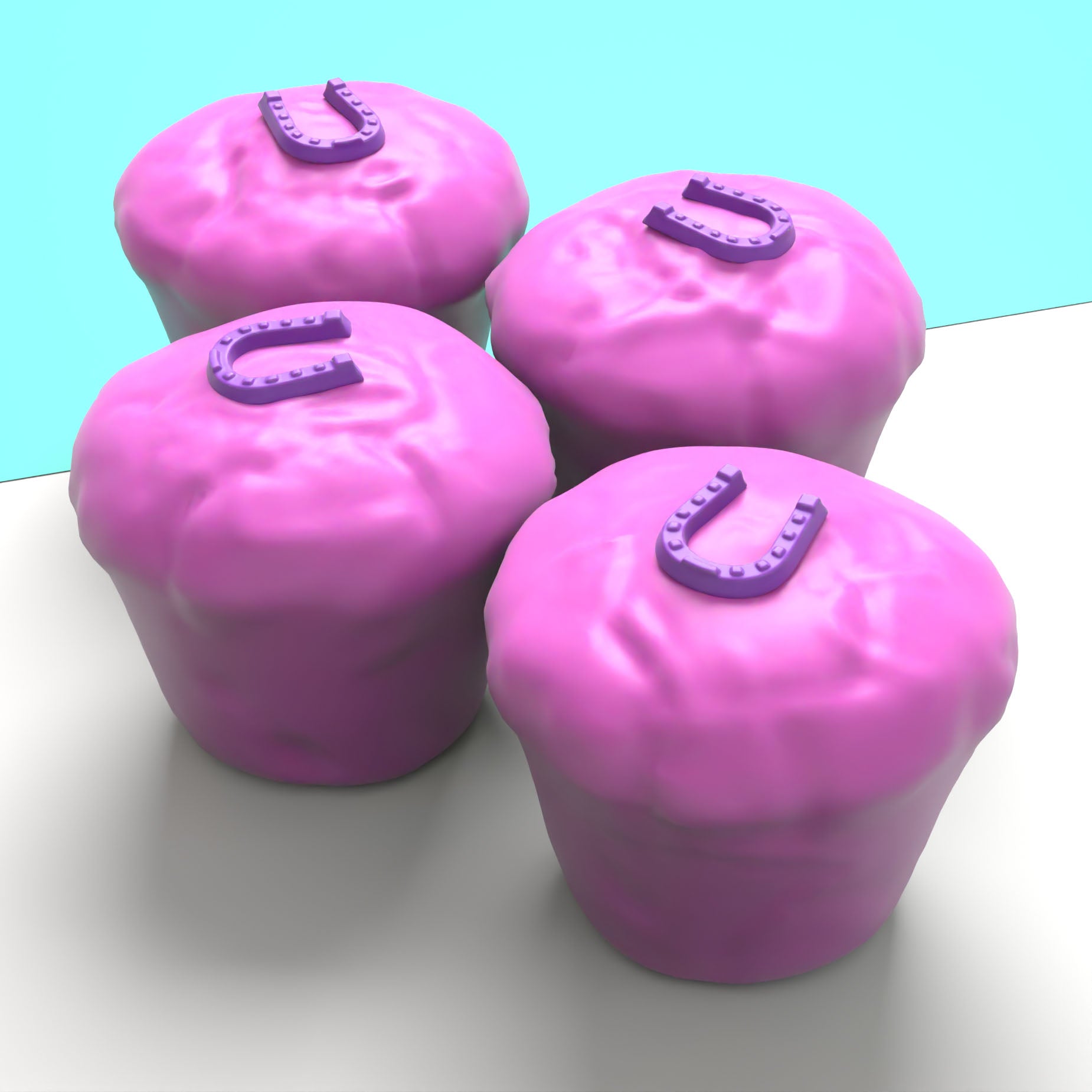 Four large pink cupcake-style cakes for horses decorated with purple horseshoes