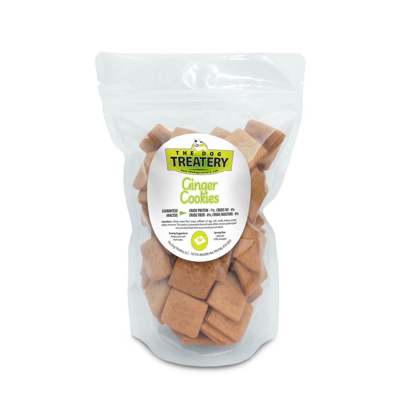 Resealable pouch of The Dog Treatery Ginger Cookies for dogs with small rectangular cookies visible inside