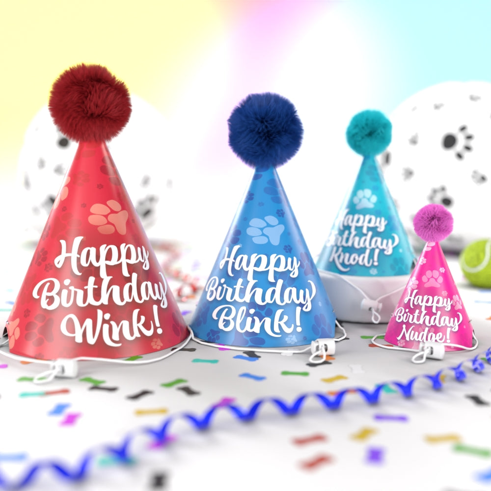 Four personalized birthday hats for dogs in red, blue, aqua, and pink with custom names and coordinating pom-poms