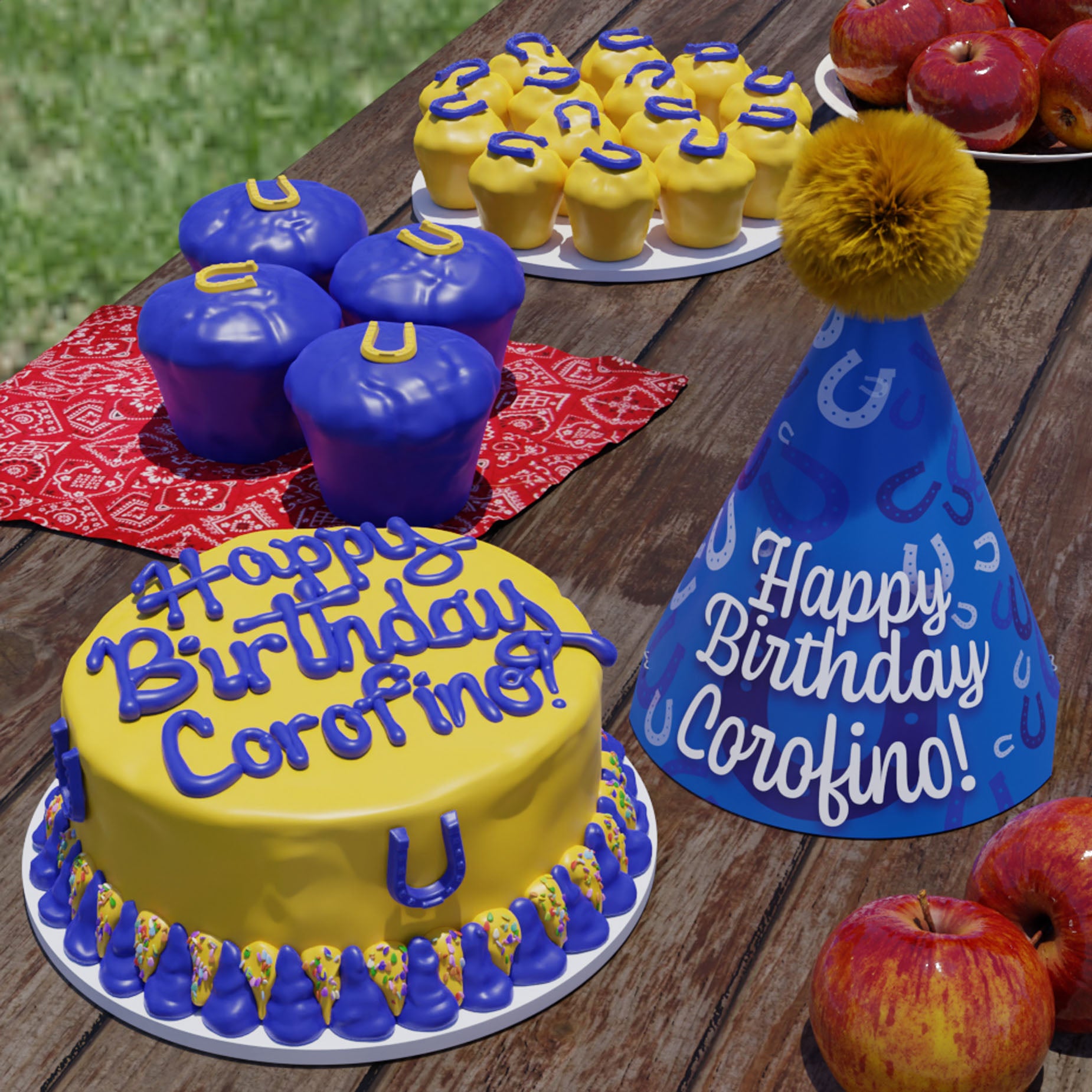 Customized horse birthday cakes and Clip Clop cakes displayed with apples and colorful party decorations