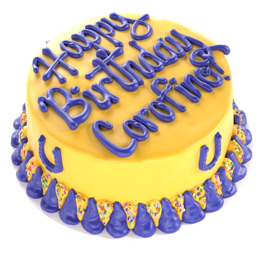 Yellow birthday cake for horses with purple icing and Happy Birthday Cowboy written on top