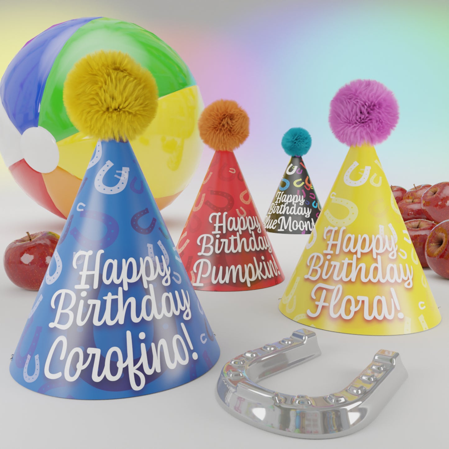 Four personalized birthday hats for horses in blue, red, black, and yellow with coordinating pom-poms, party decorations, and a horseshoe