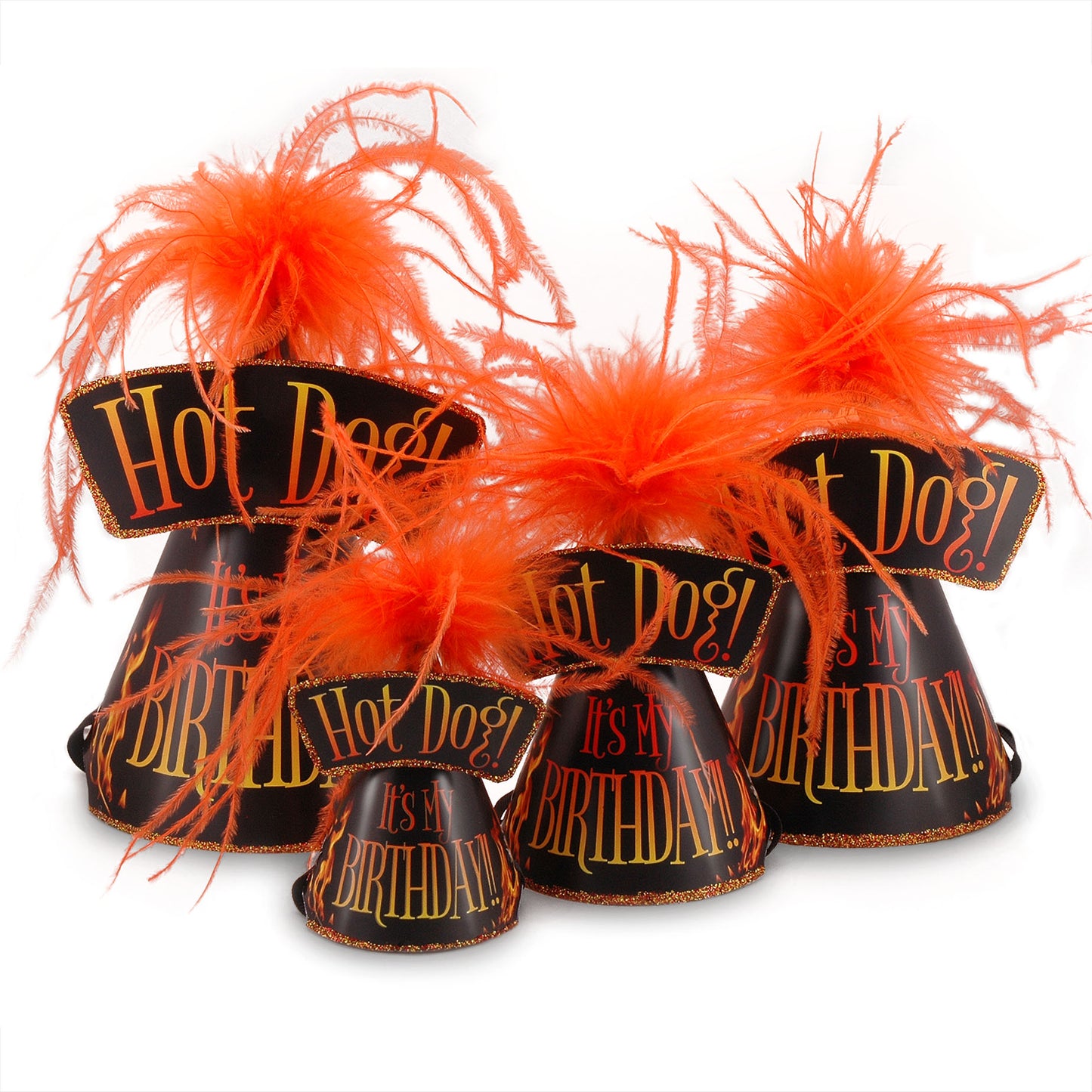 Black and orange Hot Dog It’s My Birthday hats for dogs in four sizes with flame graphics and orange feathers