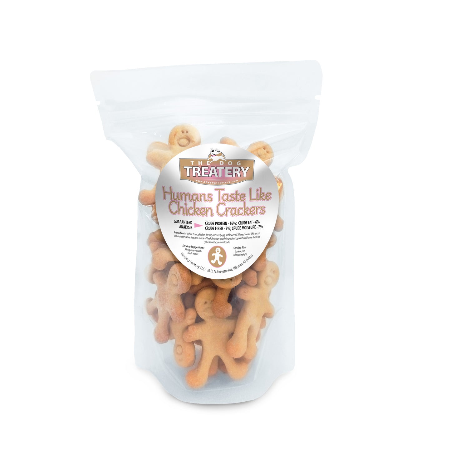 Resealable pouch of Humans Taste Like Chicken Crackers, crunchy chicken dog treats from The Dog Treatery