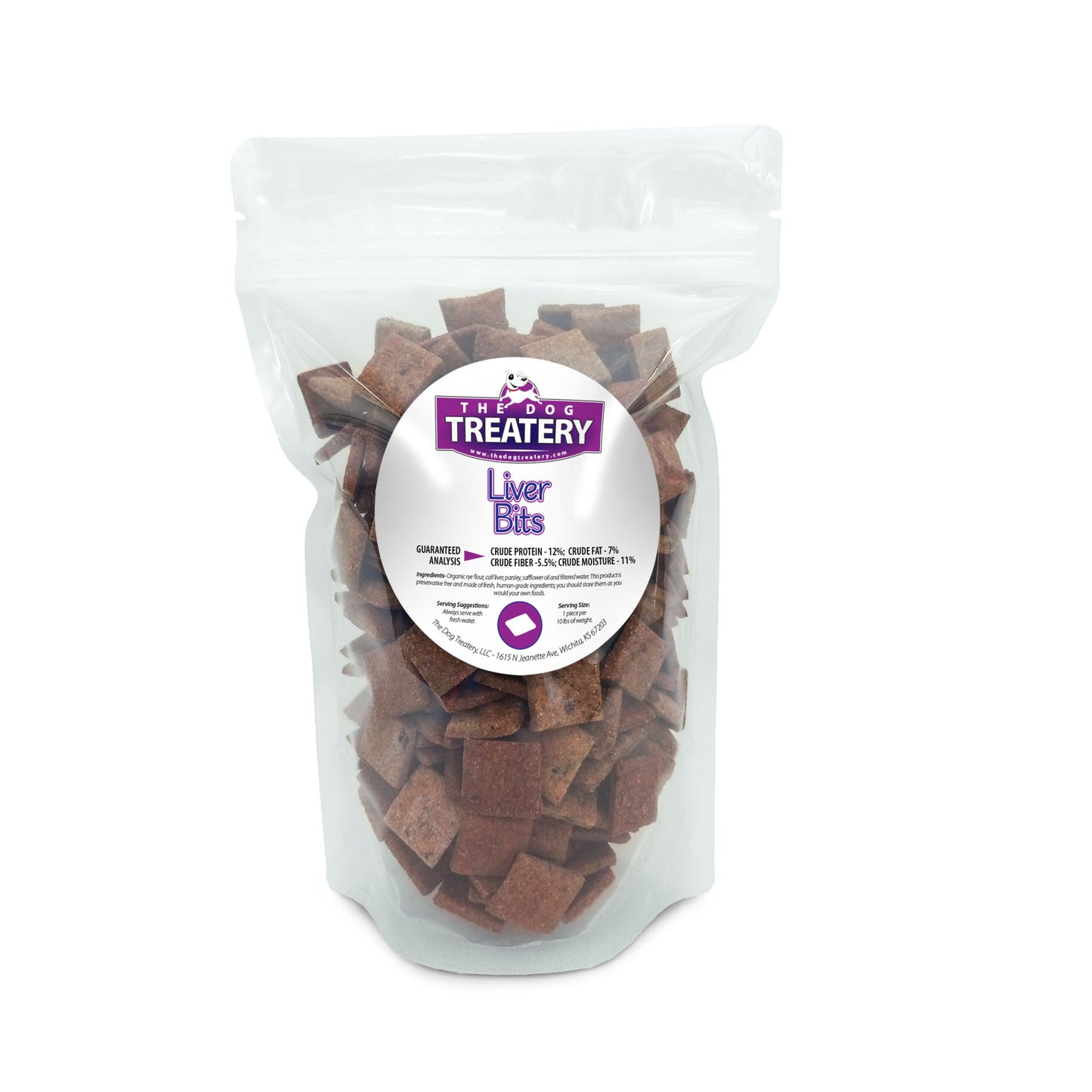 Clear pouch of The Dog Treatery Liver Bits crunchy calf liver dog training treats.