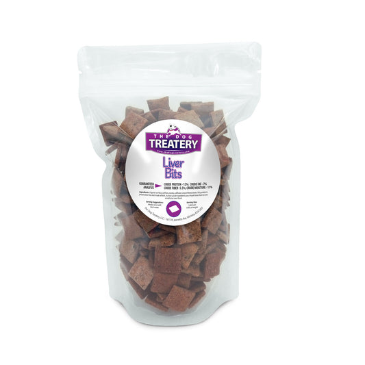 Clear pouch of The Dog Treatery Liver Bits crunchy calf liver dog training treats.