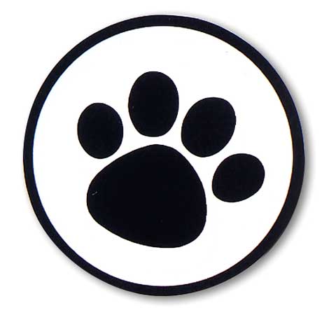 Round clear sticker with a black paw-print design and black circular border