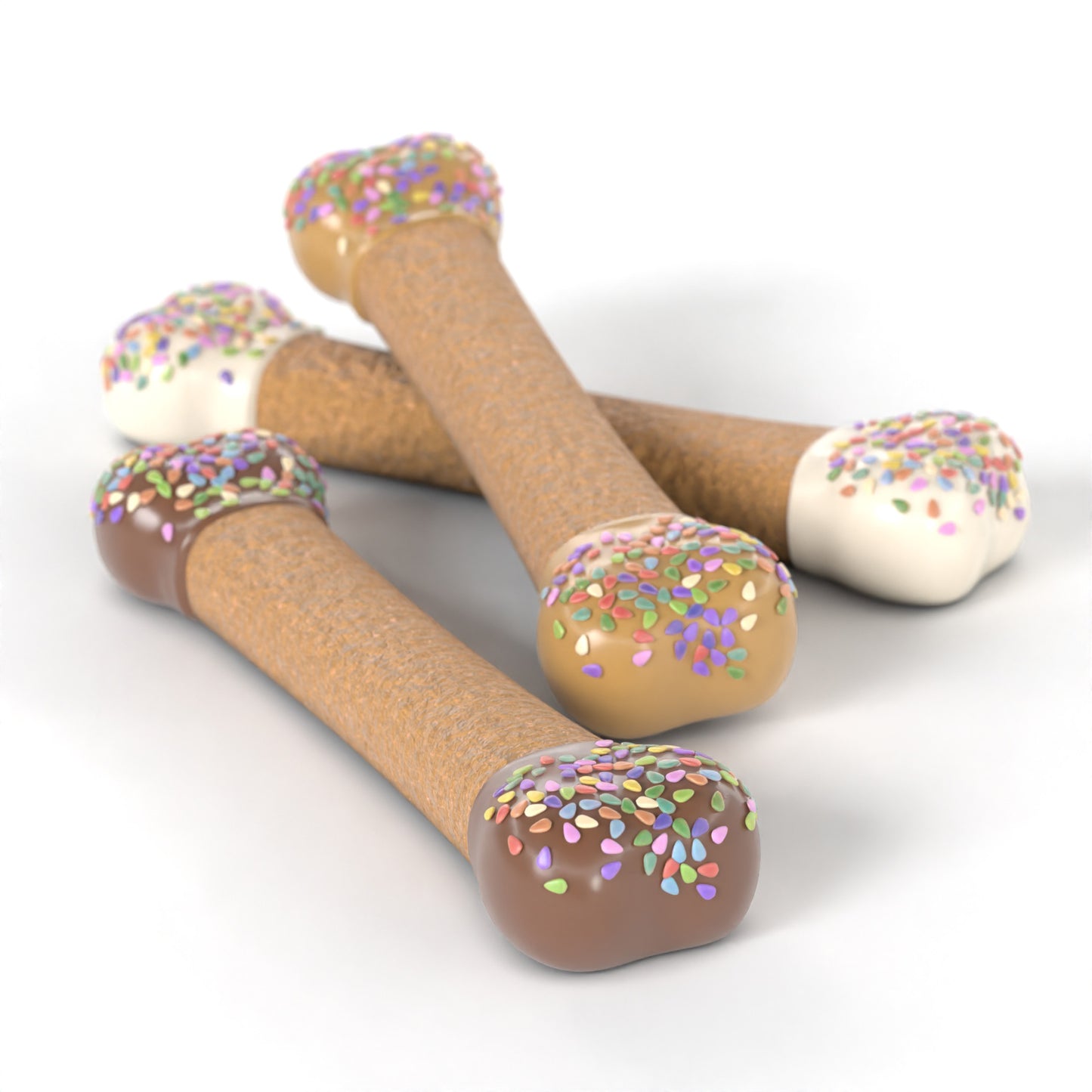 Large peanut butter dog bone biscuits with ends dipped in yogurt, carob, and colorful sprinkles