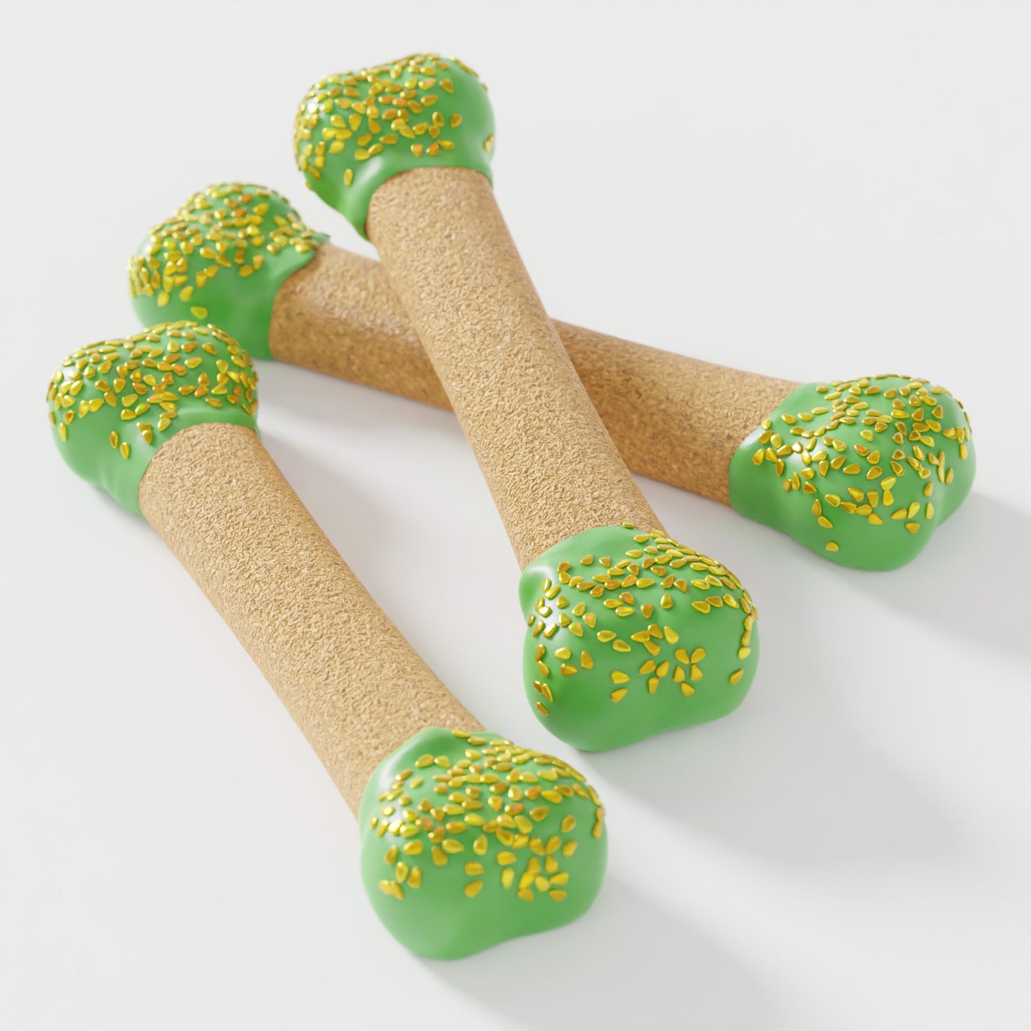 Perfect Bones dog biscuits with green yogurt coating and gold sprinkles