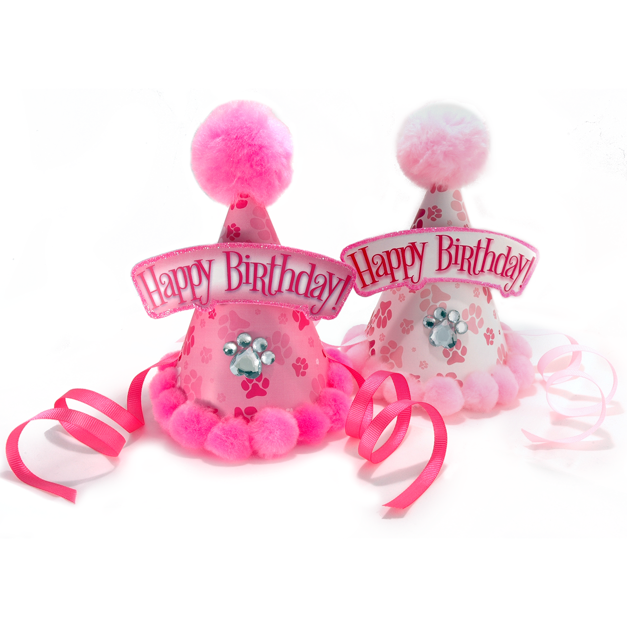 Two pink party hats with pom-poms and 'Happy Birthday' banners, decorated with small hearts and paw prints, on a white background.