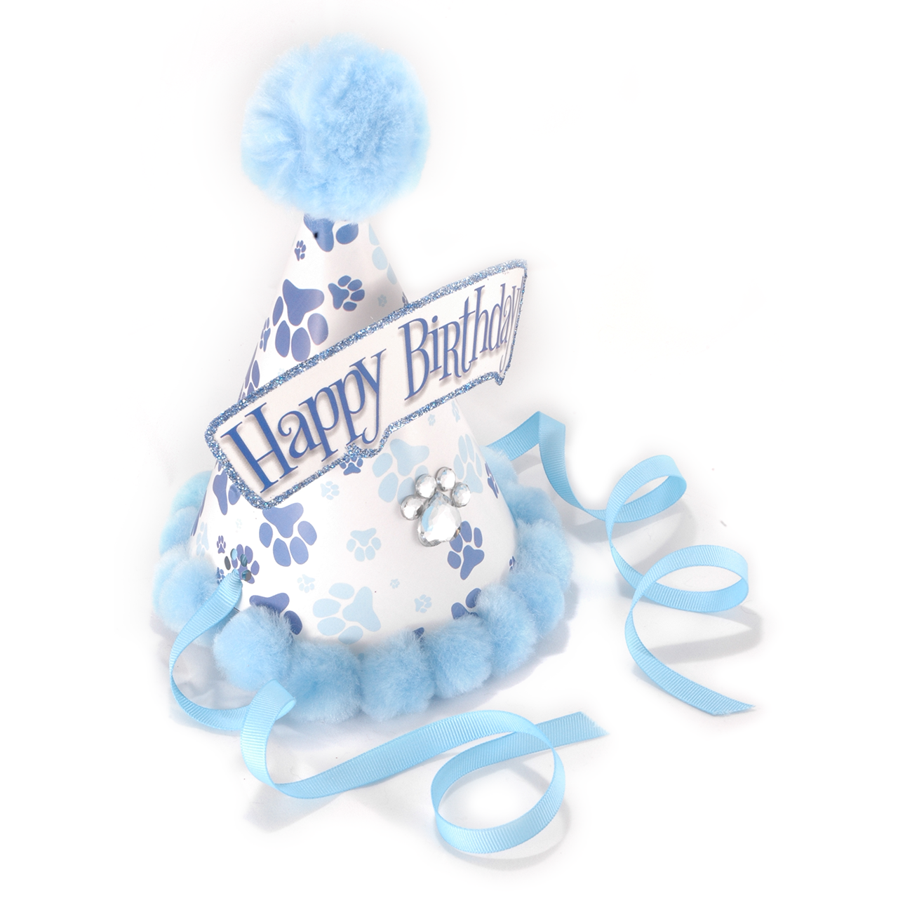 A white and light blue pet-themed birthday party hat with paw print patterns, a fluffy blue pom-pom on top, a blue ribbon banner reading 'Happy Birthday,' and a blue pom-pom trim with matching blue ribbon streamers, shown on a white background.