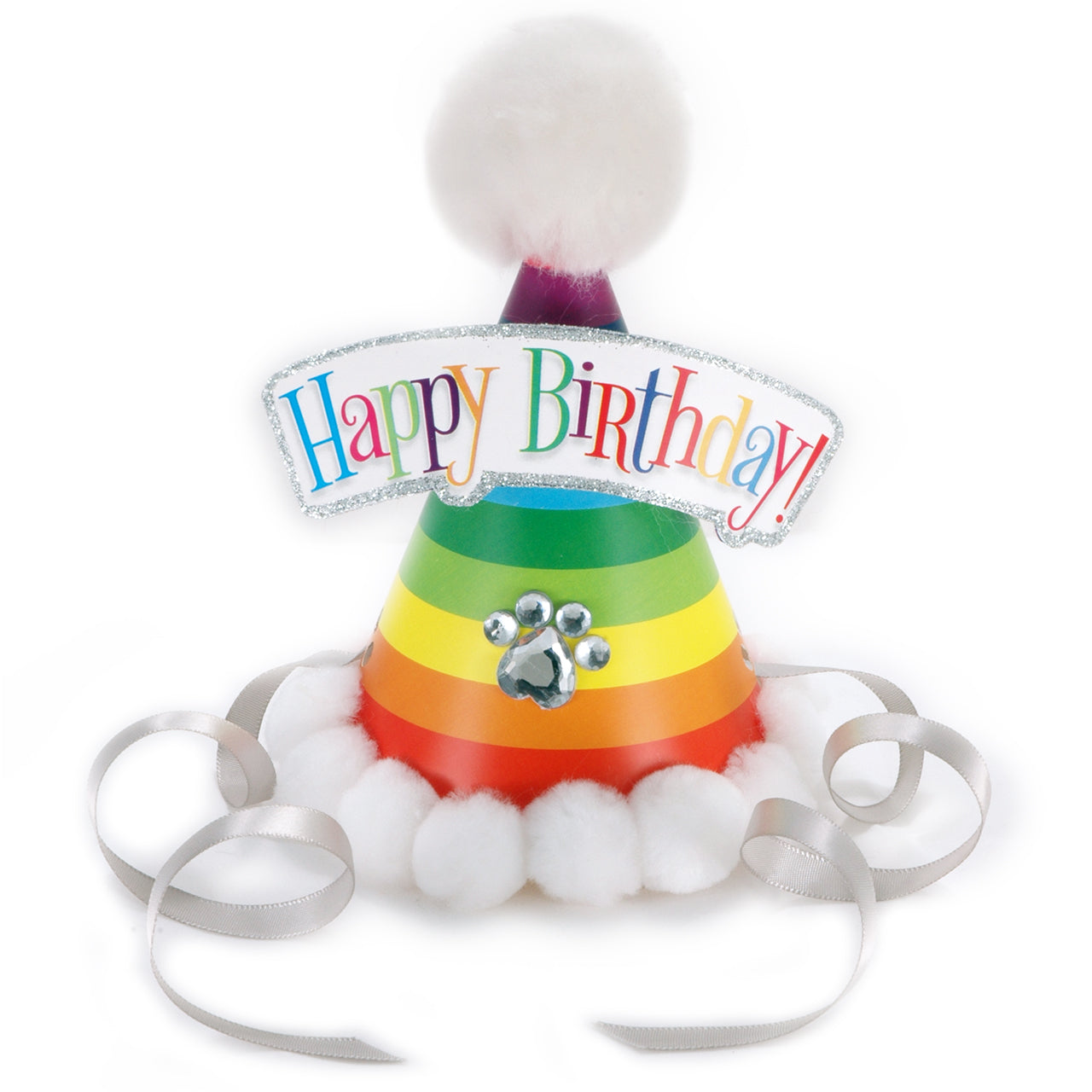 Side view of rainbow dog birthday hat with white pom-poms and silver ribbon ties