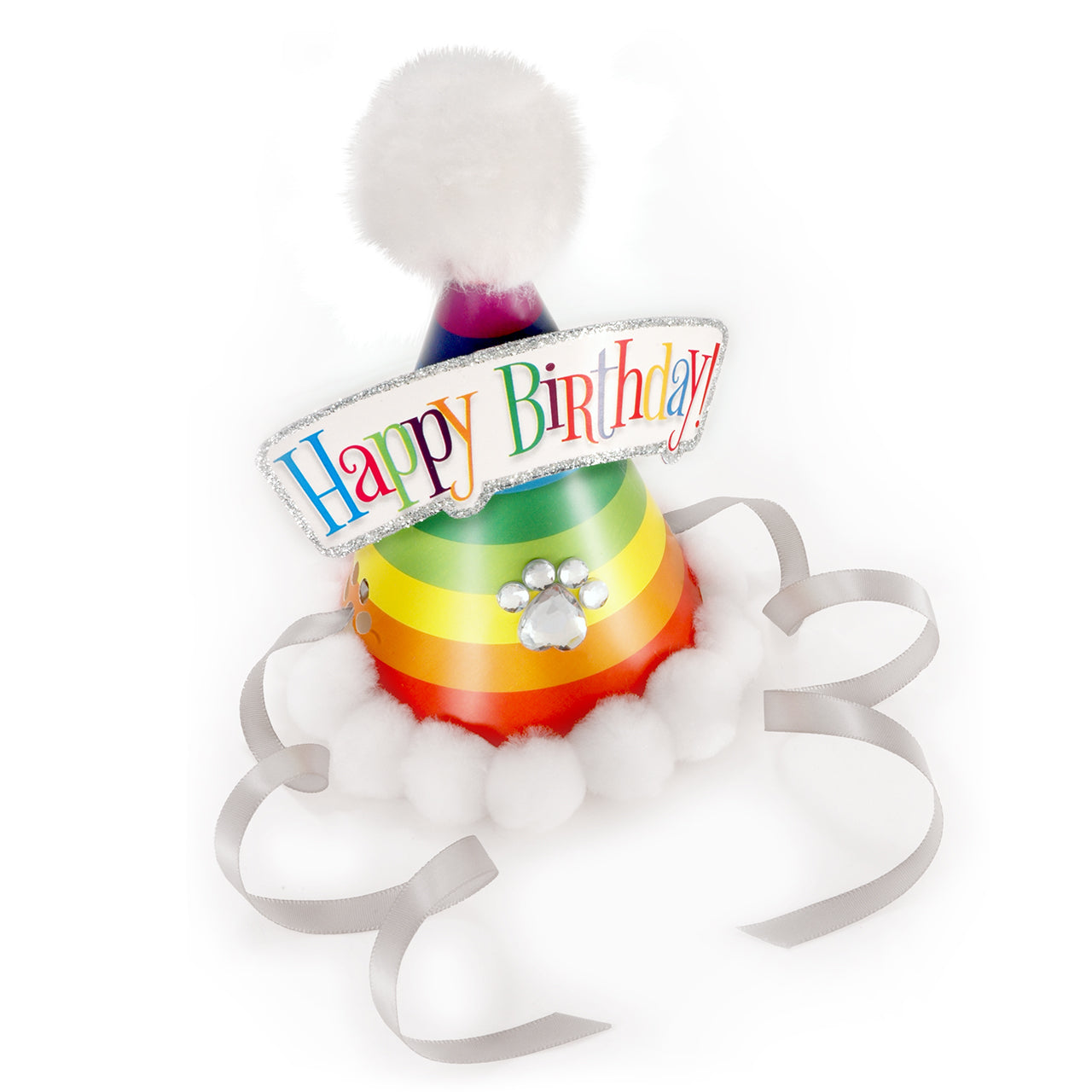 Rainbow birthday hat for dogs with white pom-poms, silver ribbon ties, and Happy Birthday banner
