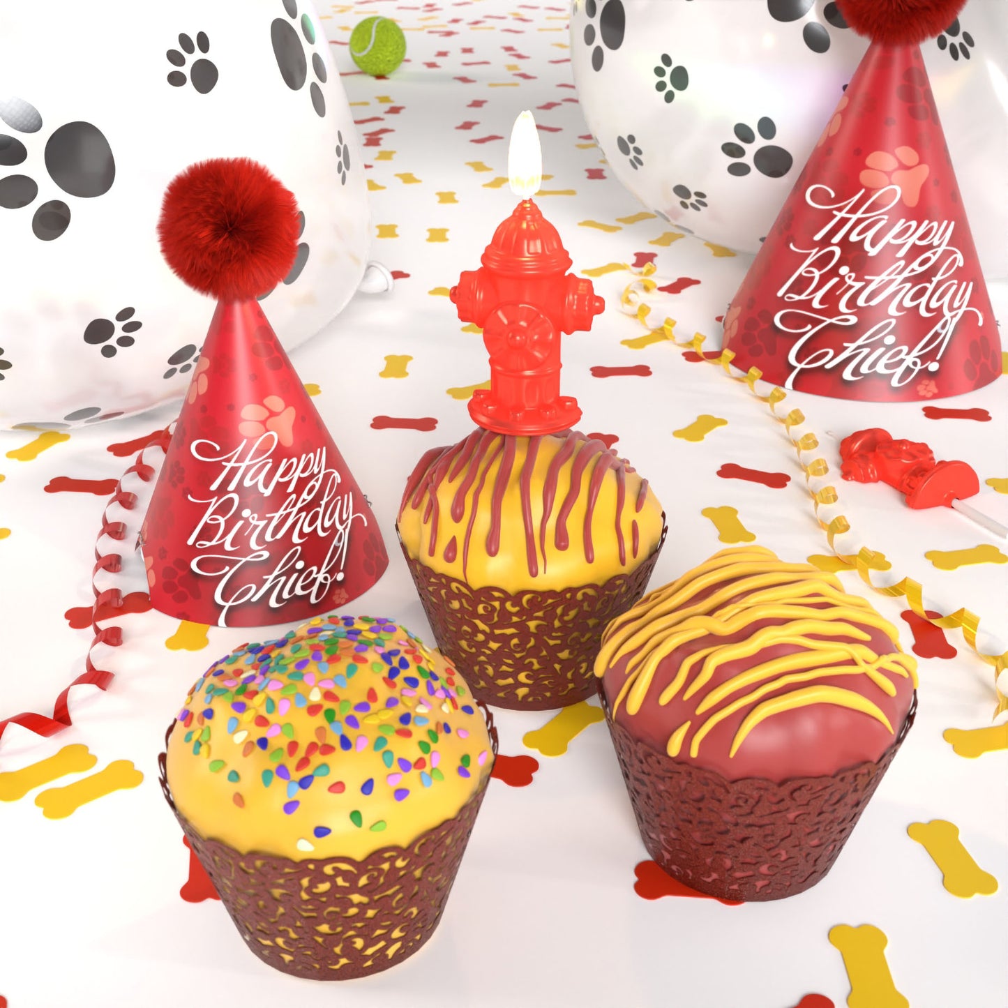 Colorful large PupCup cakes for dogs displayed with birthday hats and festive party decorations