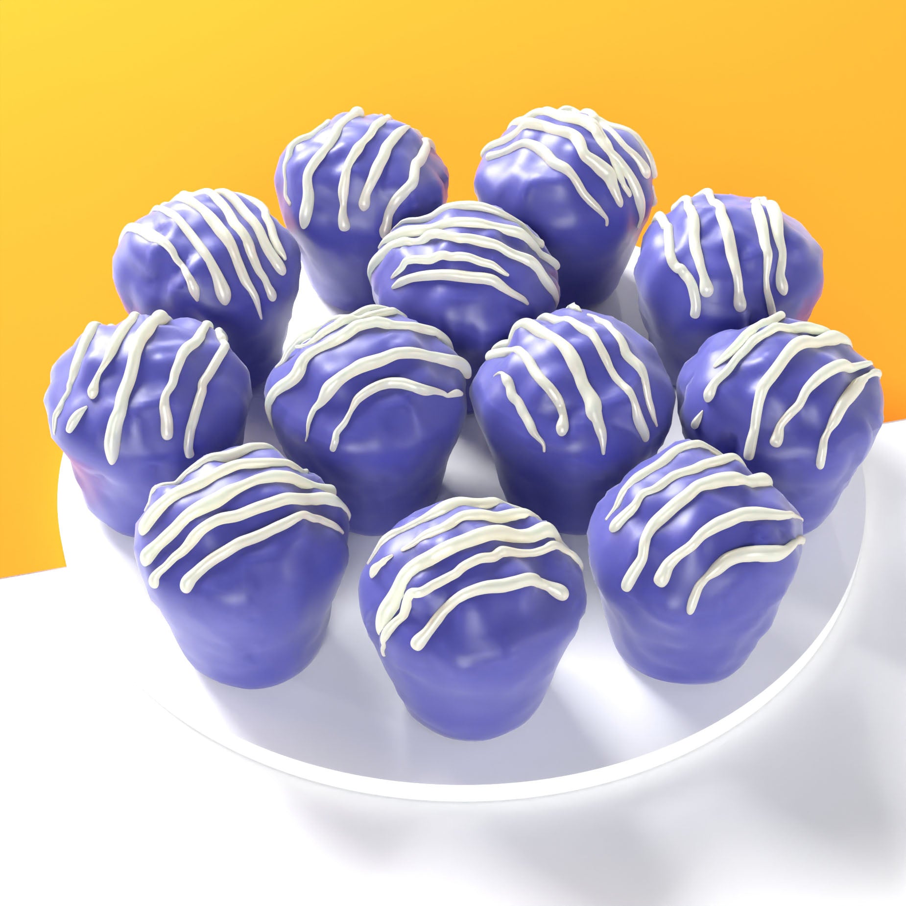 Twelve purple mini PupCup cakes for dogs decorated with white drizzle on a round white platter