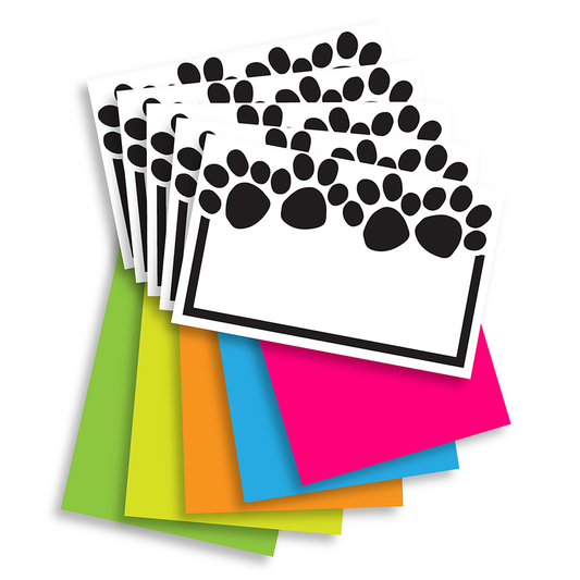 Ten white paw-print note cards with assorted green, yellow, orange, blue and hot pink envelopes